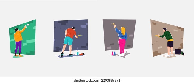 set of muralist, graffiti artist painting on brick wall with spray paint. different pose, gesture, color, gender. creative occupation. flat vector illustration.