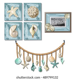 The set of murals and paintings with exotic seashells and clams and the interior elements on the marine theme isolated on white background. Vector cartoon close-up illustration.

