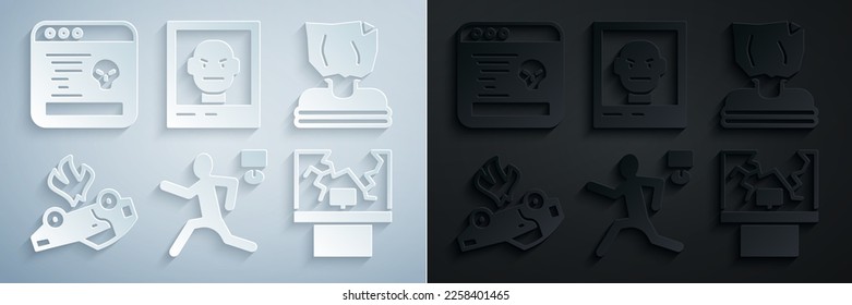 Set Murder, Kidnaping, Burning car, Broken window, Wanted poster and System bug icon. Vector