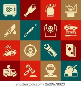 Conjunto de asesinato, jugando a las cartas, robo de coches, granada de mano, marihuana conjunta, cuchillo ensangrentado, seguro y ladrón entregando manos arriba icono. Vector