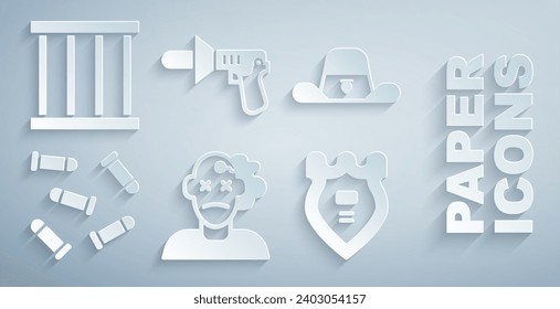 Set Murder, Sheriff hat with badge, Bullet, Police, megaphone and Prison window icon. Vector