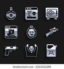 Set Murder, Thief surrendering hands up, Canister fuel, Sniper rifle with scope, Pistol or gun, Internet piracy, Safe and Poison bottle icon. Vector