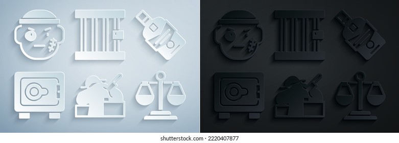 Set Murder, Whiskey Flasche, Safe, Skala der Justiz, Gefängnisfenster und Bandit Symbol. Vektorgrafik