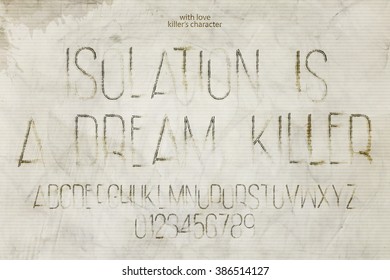 set of murderer style alphabet letters and numbers over grunge background. vector, assassin font type design. killer sloppy characters collection. thriller movie typesetting, messy cement wall texture