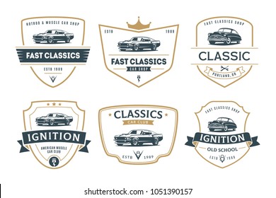 Set of muscle car emblems and badges. Classic car t-shirt template. Old american car from 60s.