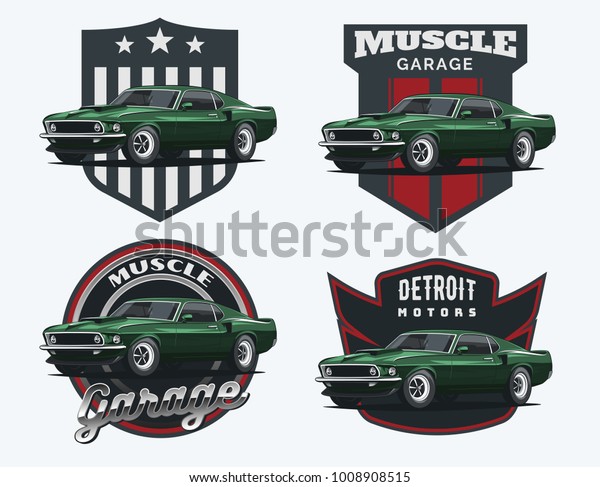 Set of muscle car emblems and\
badges. Classic car t-shirt template. Old american car from\
60s.