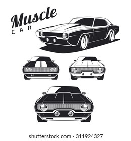 Set of muscle car illustrations isolated on white background. Front view and isometric view. Car isolated on white background