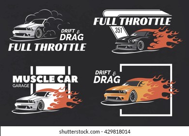 Set of muscle logo, badges and emblems on dark grunge background. Service car repair, restoration and club design elements. T-shirt design.