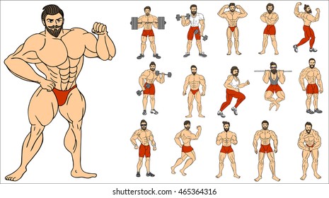 Set of muscular, bearded mans vector illustration. Fitness models, posing, bodybuilding. Bodybuilders, healthy sport isolated on white background