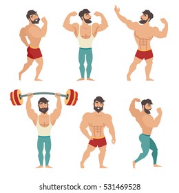 Set of muscular, bearded mans vector illustration. Fitness models, posing, bodybuilding. Isolated on white background