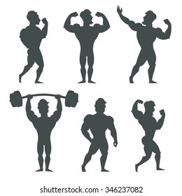 Set of muscular bodybuilder man silhouettes vector illustration. Fitness models, posing, bodybuilding. Isolated on white background