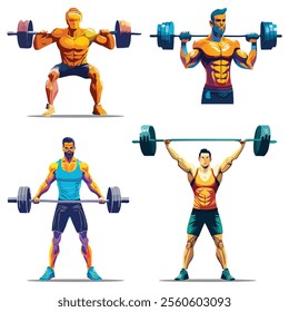Set of muscular men exercising at the gym colorful vector