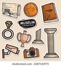 Set of Museum and Antique Items Cute Sticker Illustration