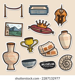 Set of Museum and Antique Items Cute Sticker Illustration