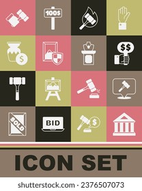 Set Museum building, Auction hammer, Hand holding auction paddle, painting, ancient vase,  and jewelry sale icon. Vector