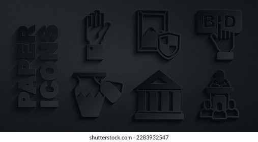 Set Museum building, Bid, Auction ancient vase, auctioneer sells, painting and Hand holding icon. Vector