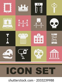 Set Museum Building, Broken Ancient Column, Human Skull, Metal Detector, Rope Barrier, Online Museum, Picture And And Rope Icon. Vector