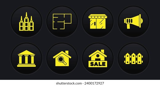 Set Museum building, Megaphone, Search house, Hanging sign with Sale, Market store, House plan, Garden fence wooden and Skyscraper icon. Vector