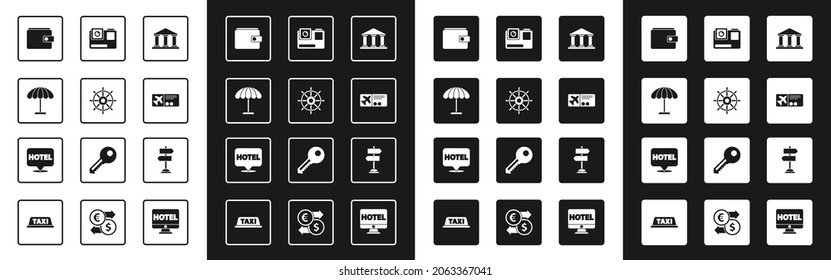 Set Museum Gebäude, Schiff-Lenkrad, Sonnenschutzschirm für Strand, Brieftasche, Flugticket, Action Extreme-Kamera, Straßenverkehrszeichen und Location Hotel Symbol. Vektorgrafik