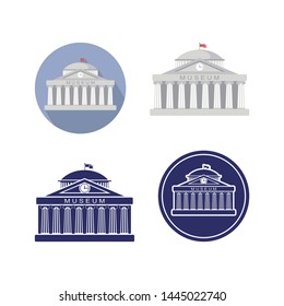 set of museum building sign. Classical Greece Roman architecture with Ionic columns, clock, spire and flag. web icon, isolated vector illustration