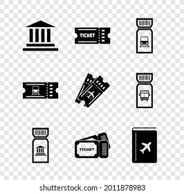 Set Museum building, Ticket, Train ticket, Cover book travel guide,  and Airline icon. Vector