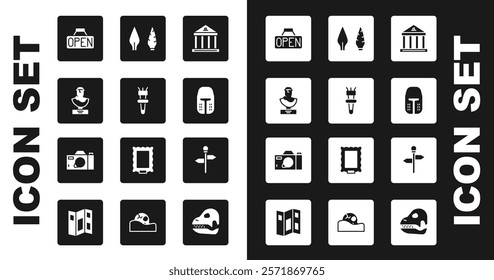 Set Museum building, Torch flame, Ancient bust sculpture, Hanging sign with Open, Medieval iron helmet, Stone age arrow head, Road traffic signpost and Photo camera icon. Vector