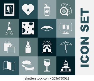 Set Museum building, Umbrella for beach, Flag France, Coffee cup to go, Cheese, Eiffel tower, Portrait picture museum and Smiling lips icon. Vector