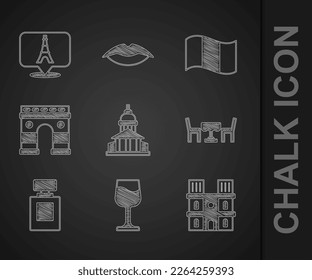 Set Museum building, Wine glass, Notre Dame de Paris, French cafe, Perfume, Triumphal Arch, Flag France and Eiffel tower icon. Vector