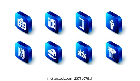 Set Museum guide brochure, Ancient column, Gives lecture, King crown, Dinosaur skull, Portrait museum and Information icon. Vector