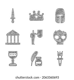 Set Museum guide, Feather and inkwell, Torch flame, Broken human skull, Medieval goblet, building, iron helmet and Dagger icon. Vector