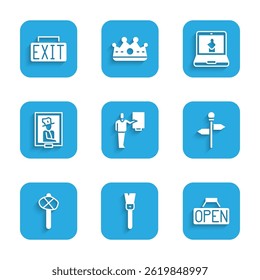 Set Museum guide, Paint brush, Hanging sign with Open, Road traffic signpost, Stone age hammer, Portrait museum, Online and Exit icon. Vector
