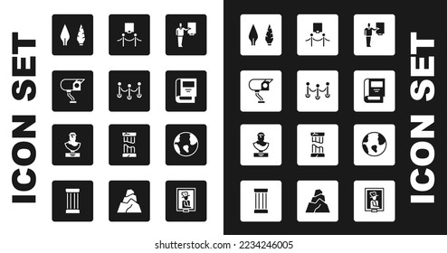 Set Museum guide, Rope barrier, Security camera, Stone age arrow head, History book, Picture and rope, Earth globe and Ancient bust sculpture icon. Vector