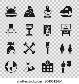 Set Museum guide, Stone age arrow head, Glass showcase for exhibit, Ancient bust sculpture, Medieval goblet, Picture and rope barrier, Viking in horned helmet and Portrait museum icon. Vector