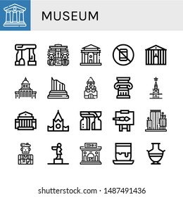 Set of museum icons such as Courthouse, Dolmen, Teddy bear museum, No pictures, Town hall, Government, Column, Kremlin, Museum, Monument, Easel, City garden tower, Artist ,