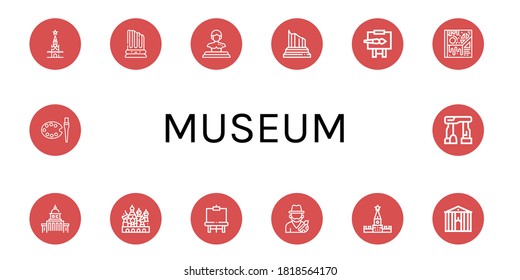 Conjunto de iconos del museo. Como el Kremlin, la columna, la estatua, el caballete, el arte, el gobierno, la catedral de la albahaca del santo, el artista, el ayuntamiento, el muñeco, los iconos del museo