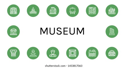 Set of museum icons such as Teddy bear museum, Government, City garden tower, Easel, Art, Cathedral of saint basil, Column, Statue, Artist, Museum, Courthouse ,