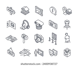 Set of museum line icons. Antique art objects, marble columns and sculptures. Woman bust and ceramics vase, painting in gallery. Linear isometric vector collection isolated on white background