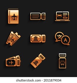 Set Museum ticket, Bus, Translator, Airline, Online car sharing and Cover book travel guide icon. Vector