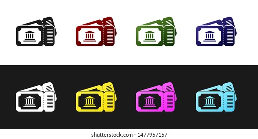 Set Museum ticket icon isolated on black and white background. History museum ticket coupon event admit exhibition excursion.  Vector Illustration