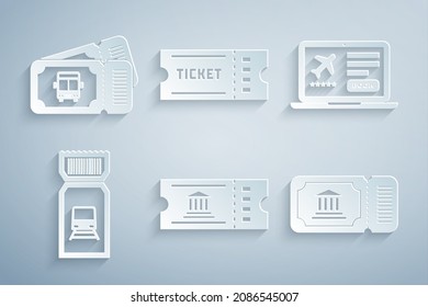 Set Museum ticket, Laptop with, Train, Ticket and Bus icon. Vector
