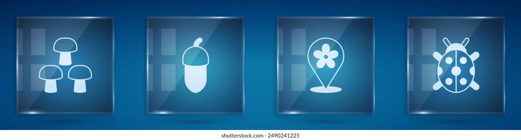 Set Mushroom, Acorn, Location with flower and Ladybug. Square glass panels. Vector