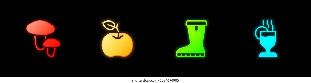 Set Mushroom, Apple, Waterproof rubber boot and Mulled wine icon. Vector