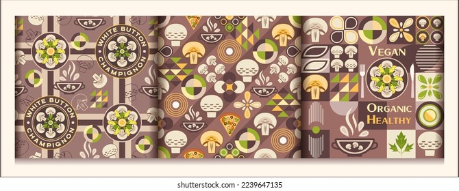 Set of mushroom backgrounds with design elements in simple geometric style. Seamless patterns. Good for branding, decoration of food package, cover design, decorative print, background.