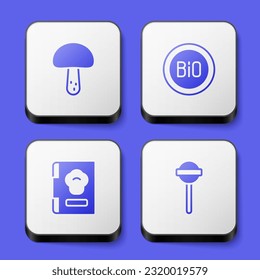 Set Mushroom, Banner for bio, Cookbook and Lollipop icon. White square button. Vector