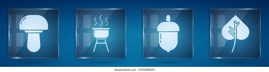 Set Mushroom, Barbecue grill, Acorn and Leaf or leaves. Square glass panels. Vector