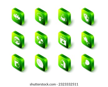 Set Mushroom, Bottle of olive oil, No meat, Fish, Chicken leg, World Vegetarian day, Paper package for milk and Lemon icon. Vector