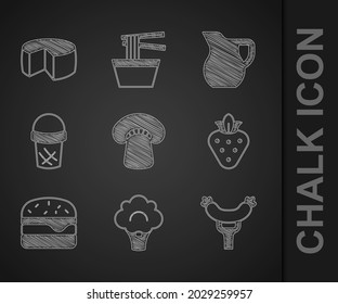 Set Mushroom, Broccoli, Sausage on the fork, Strawberry, Burger, Ice cream in waffle, Jug glass with milk and Cheese icon. Vector