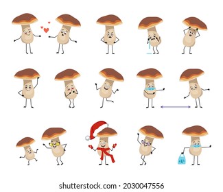 Set of mushroom characters with emotions, face, hands and feet. A cheerful or sad forest plant with eyes falls in love, the hero keeps his distance in a mask, dances in a Santa hat