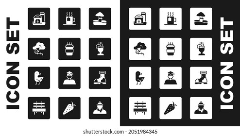 Set Mushroom, Coffee cup to go, Kite, Farm house, Mulled wine, Cup tea with tea bag, Waterproof rubber boot and Little chick icon. Vector