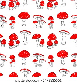 a set of mushroom fly agaric isolates on a white background seamless pattern